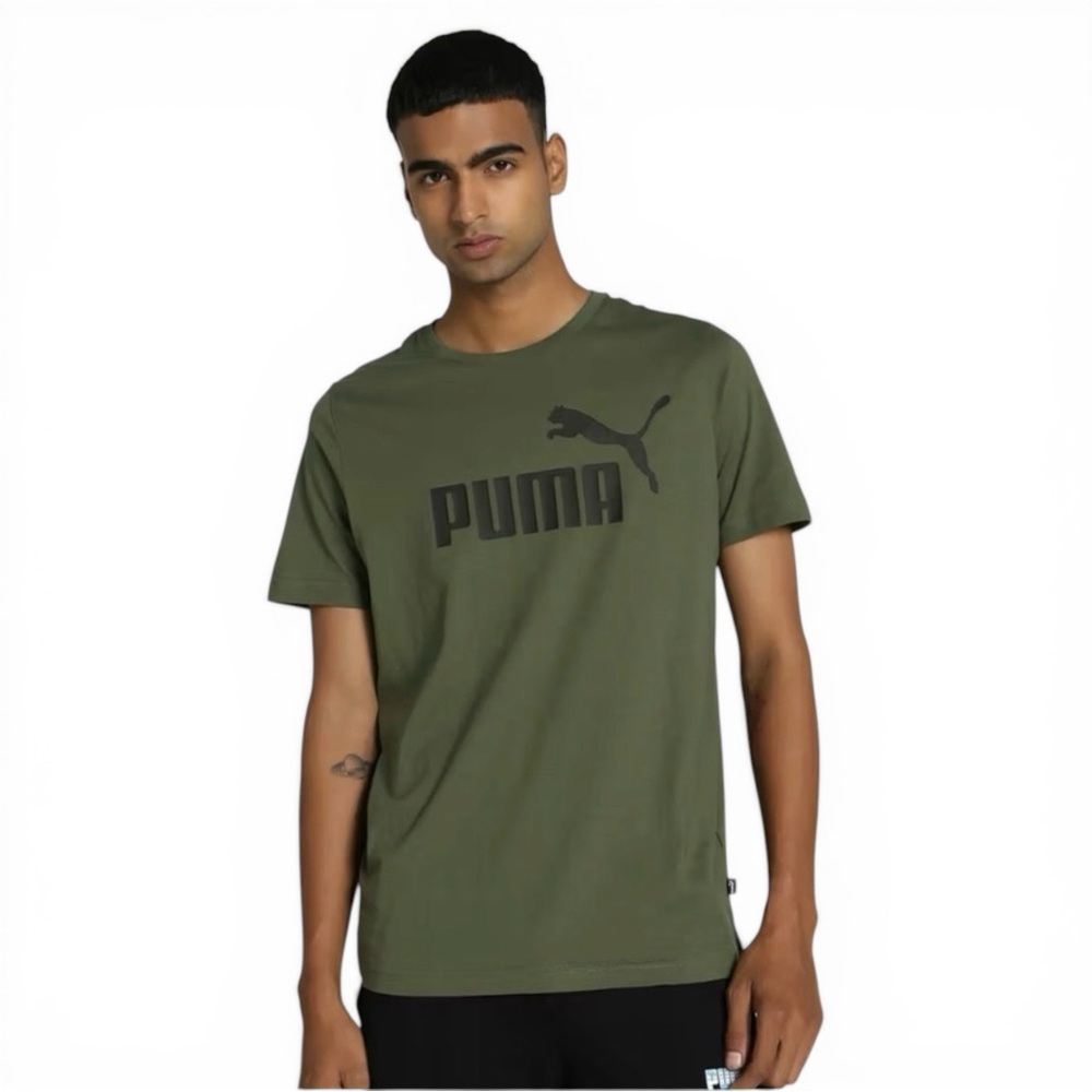 Puma Essential Logo T-Shirt Size Large Olive Green Cotton Athletic Tee